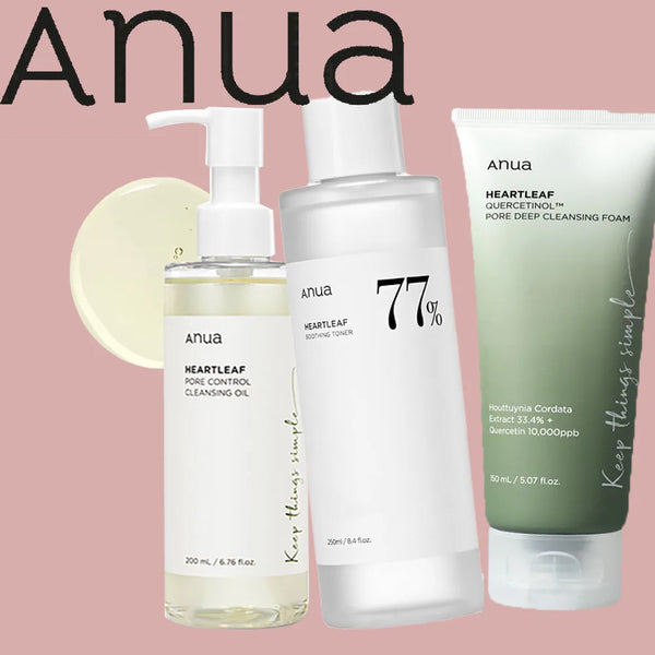 anua Skincare Products HeartLeaf 77 Facial Hydrating Toner, HeartLeaf Deep Pore Cleansing Oil, Quercetin Facial Cleanser Set