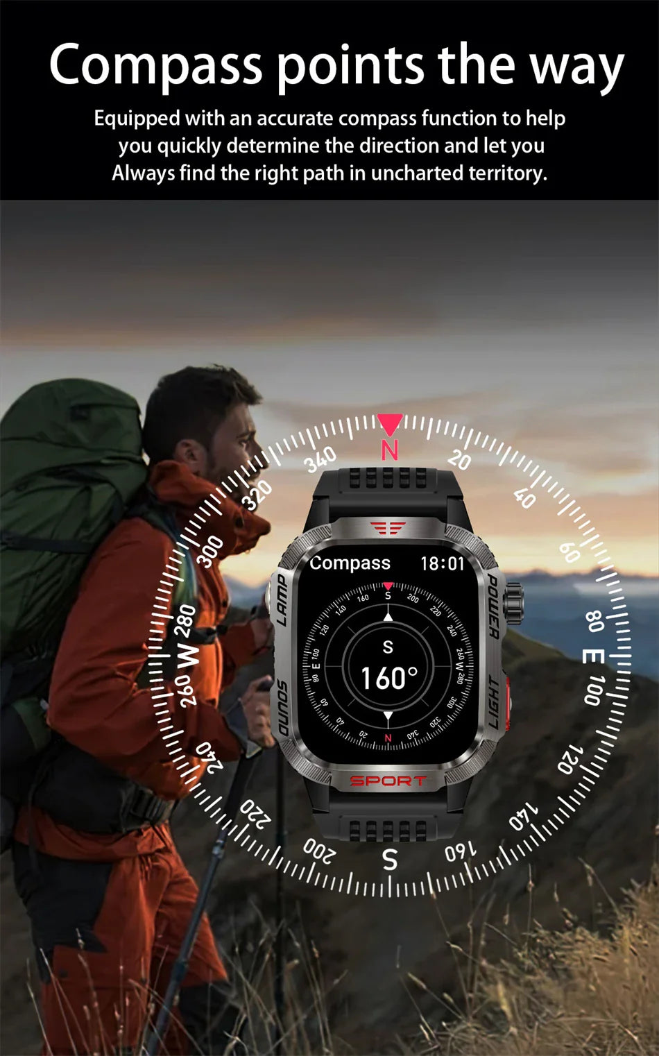 Men's Waterproof Bluetooth Call GPS Flashlight Compass Smartwatch