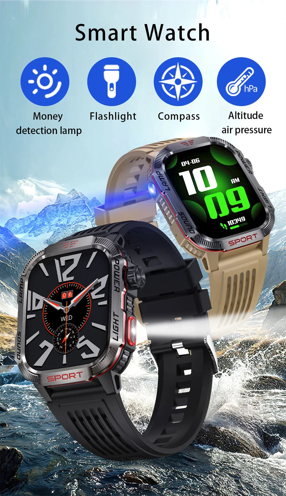 Men's Waterproof Bluetooth Call GPS Flashlight Compass Smartwatch